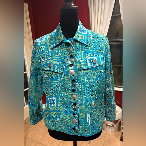 Heart of Palm Jackets & Blazers - Hearts of Palm Petite 10P Turquoise Aztec Print Studded Cotton Stretch Jacket